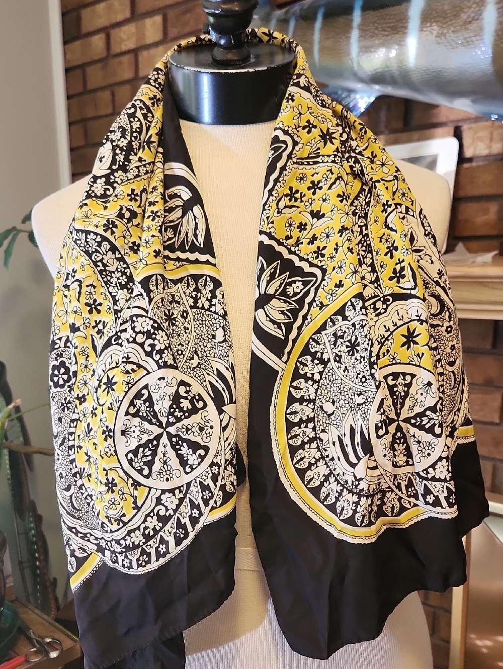 Dark Brown Cream And Yellow Mandala Lotus Floral Medallion ? Silk Scarf